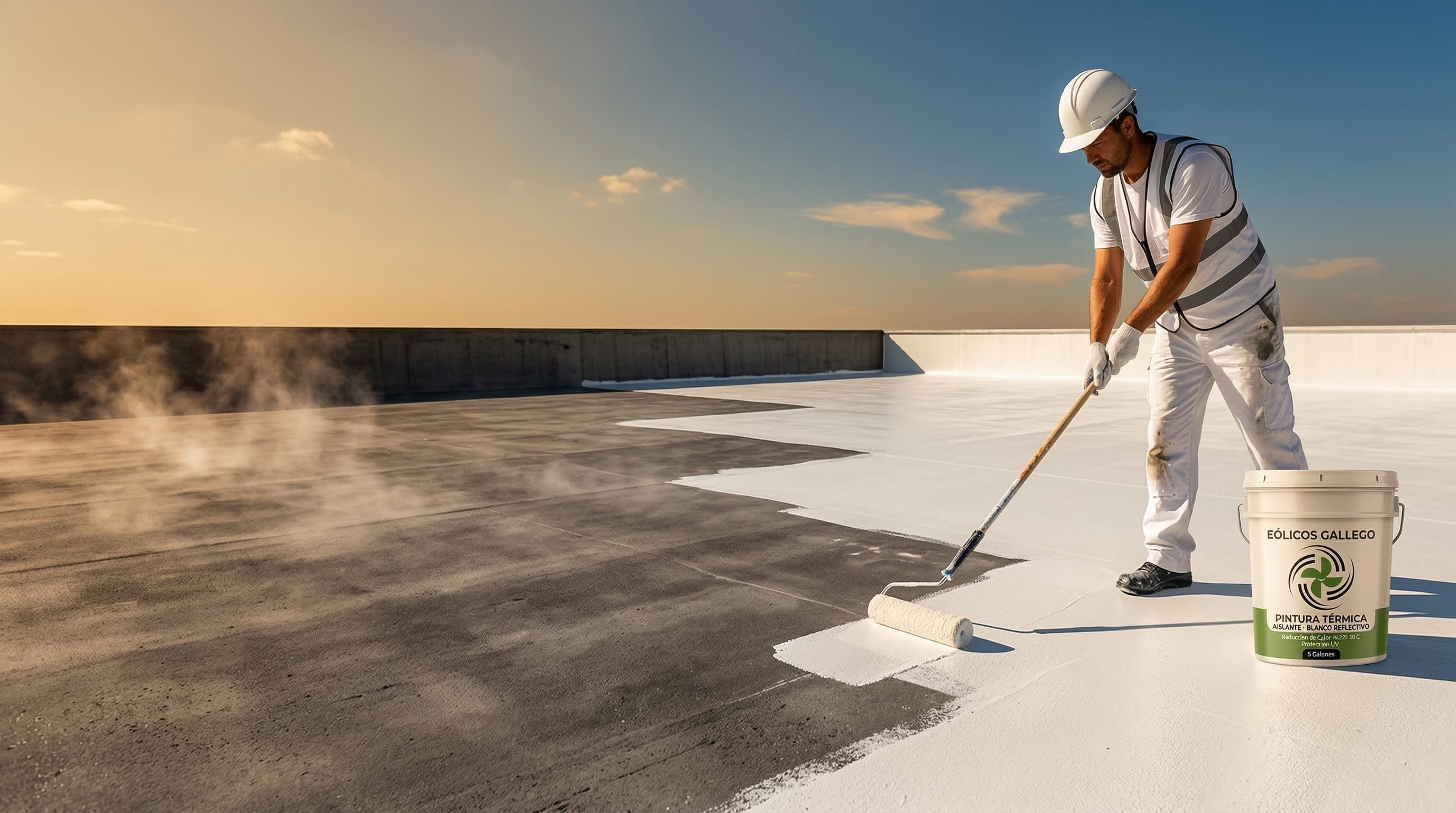 Trabajador aplicando pintura térmica reflectiva en techo de concreto bajo el sol